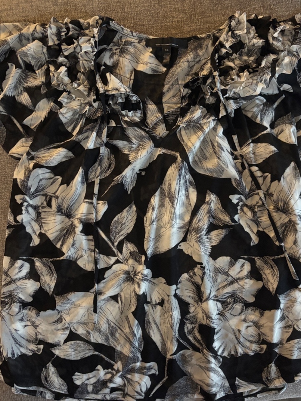 White House Black Market Black Floral Ruffle-Neck Blouse